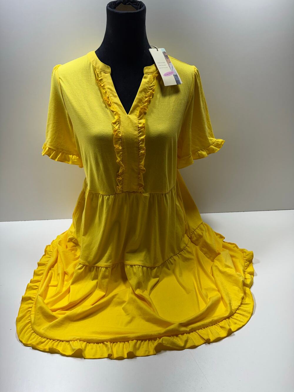 Dokotoo Women’s Cottage Core Dress Sz L Yellow Tiered V Neck Spring Easter
